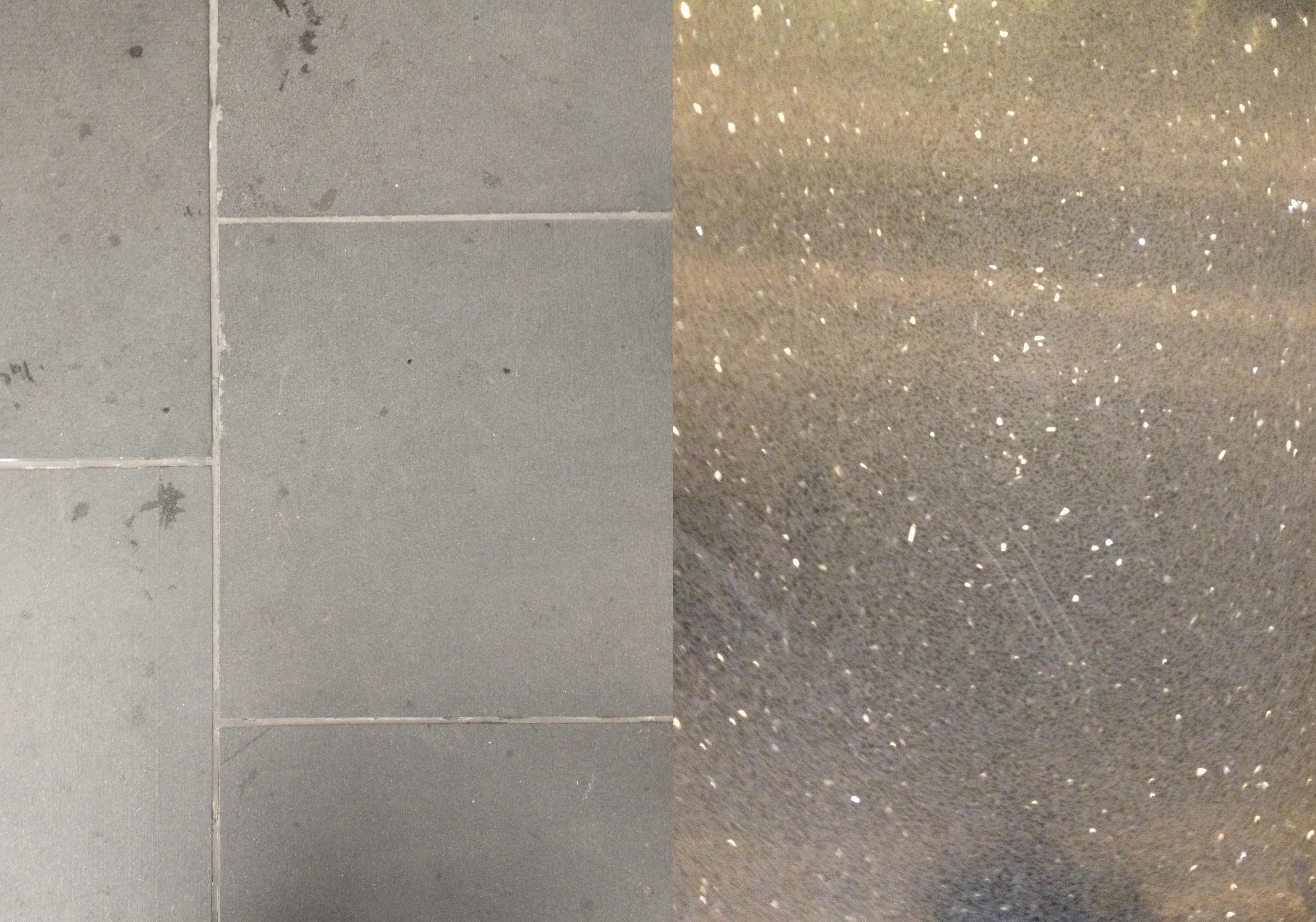 The dark grey floor of the stoop (left) is extended towards the polished and glittering floor of the lobby (right).